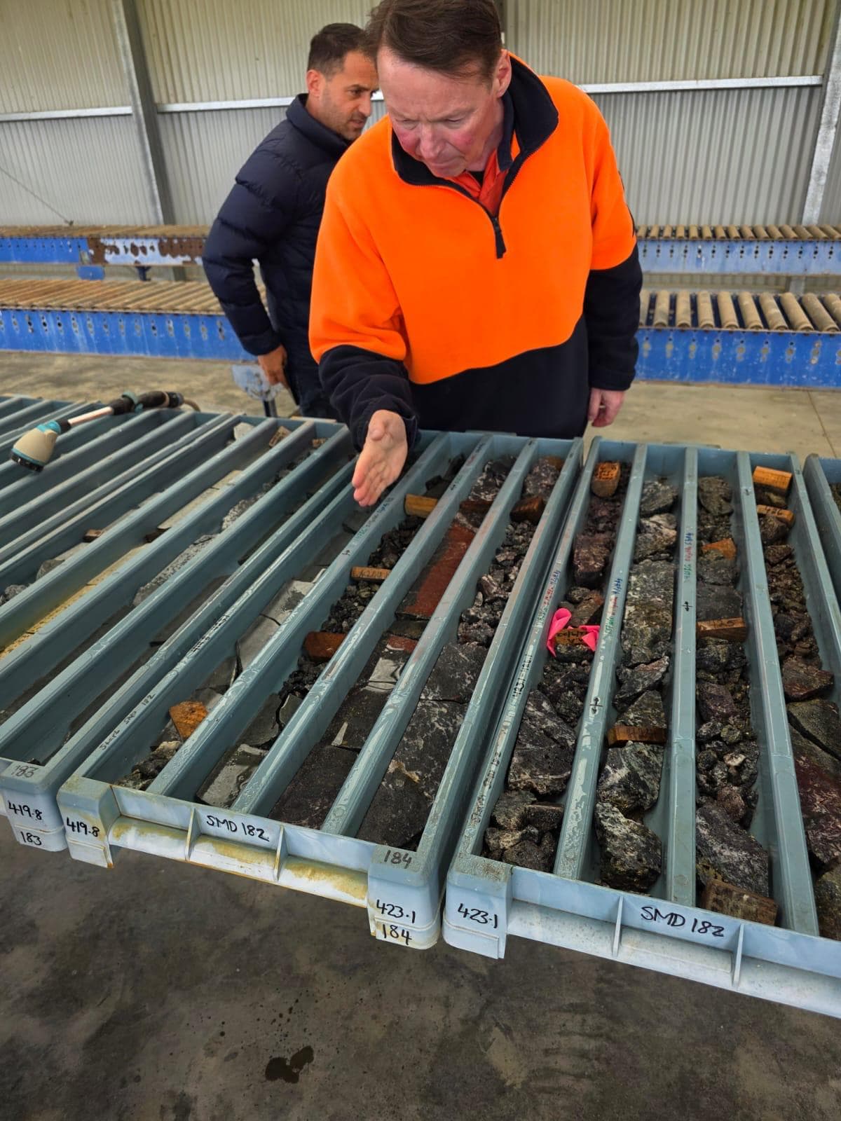 A site visit participant examining drill core samples laid out in trays.